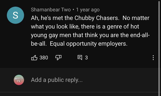 A comment on fluffy’s gay experience at a bar. And MANS SAID EQUAL OPPORTUNITY EMPLOYERS LMAO https://t