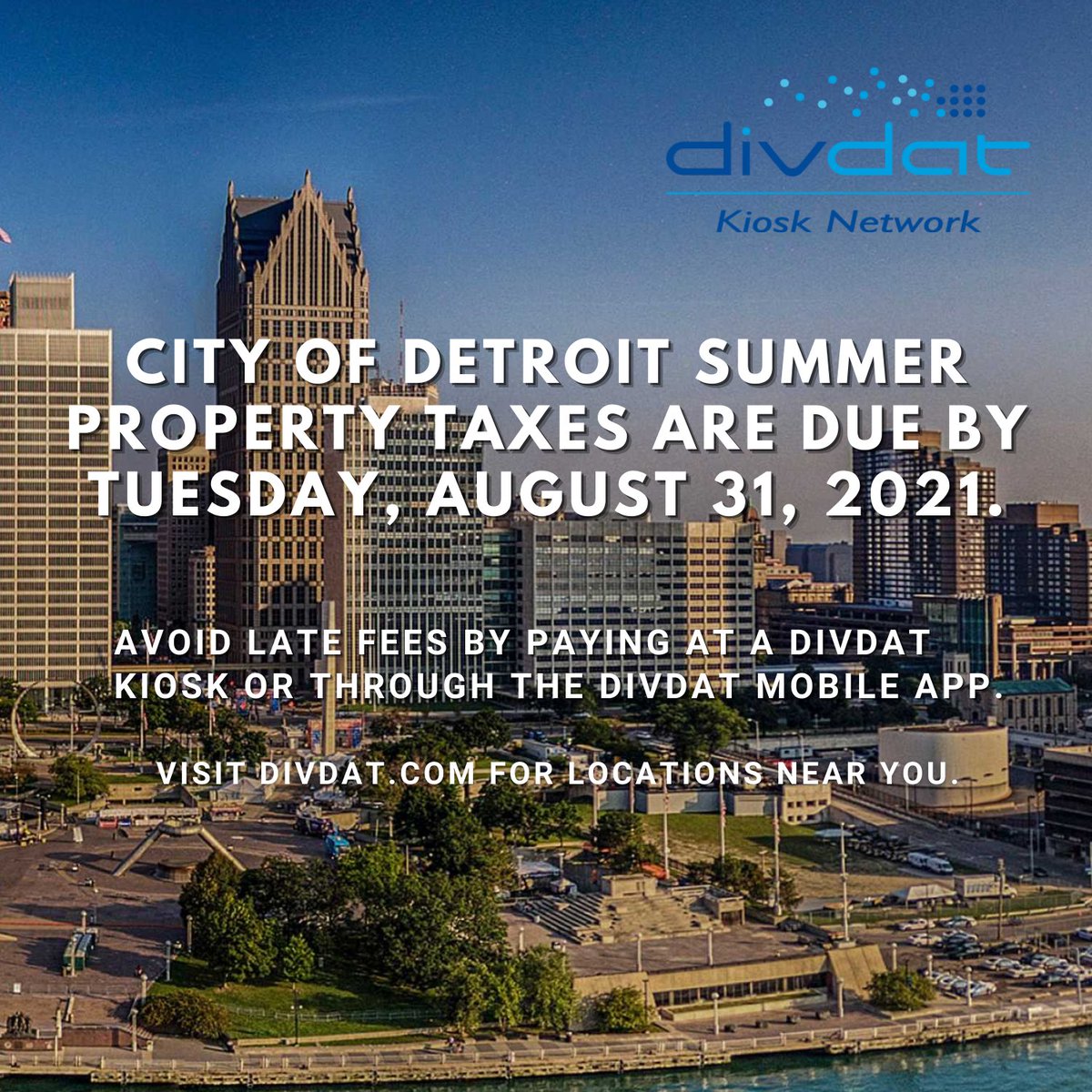 DivDatKiosk's tweet image. #Detroit summer property taxes are due by Tuesday, 8/31. Avoid late fees by paying at a #DivDat Kiosk or through the DivDat app.

Locations: DivDat.com
App: bit.ly/divdatapp

If you can&apos;t pay your taxes, apply for a tax relief program:
waynemetro.org/propertytax/