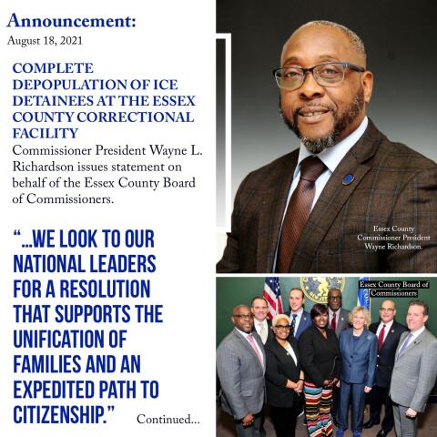 CommissionerWR's tweet photo. Commissioner President Wayne L. Richardson issues a statement on behalf of the @ECCommissioners regarding the complete depopulation of #ICE detainees at the Essex County Correctional Facility. Go to https://t.co/zPkmQ7BeQJ for complete statement. @rasjbaraka @Joe_D_EssexExec https://t.co/lrxecpN3Jz