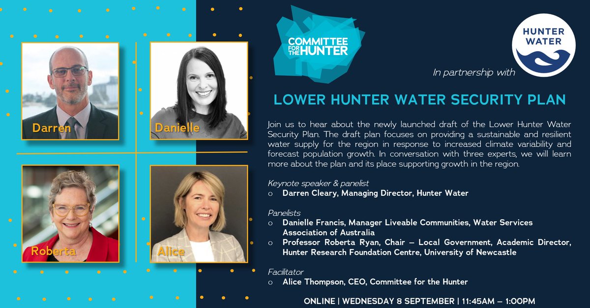 cfthunter's tweet photo. The Committee is proud to partners with Hunter Water for a discussion on the draft Lower Hunter Water Security Plan, currently on public exhibition closing Sunday 19 September 2021.
Register for this free online event here: https://t.co/yCJjB7Zgji https://t.co/fpzunMAx2M