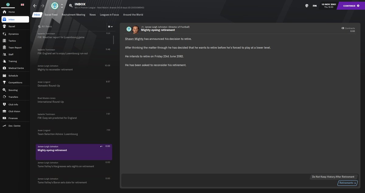 tamevalleyfc's tweet photo. It might be time to say goodbye, to Tame Valley's club icon and captain Shawn Mighty. After a club record 580 league games played, he has decided to call it a day. I have asked him to reconsider his retirement, so let us see how this goes. #FootballManager #FM21 https://t.co/w6qpSwuIkM