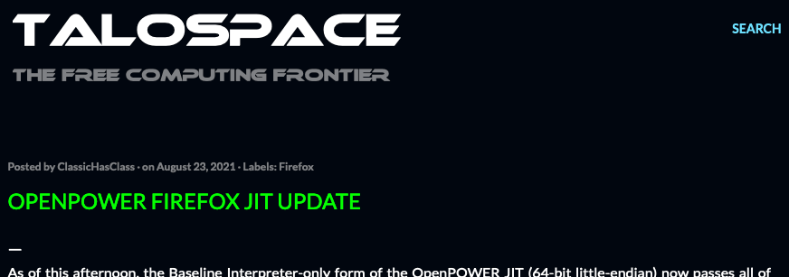 mpc7500v2's tweet photo. #OpenPOWER #Firefox #JIT update
https://t.co/Vk8DlfJarX
#IBM #POWER9 #PPC64le #PowerPC #JavaScriptJIT #MVP #Wasm https://t.co/5Vxh3bQQWY
