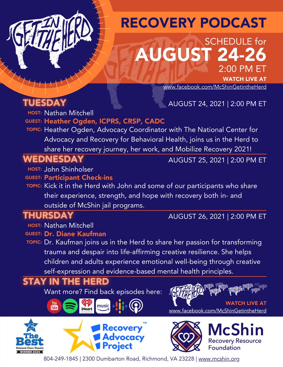 Get in the Herd (@getintheherd) on Twitter photo ... and we meet Dr. Diane Kaufman who shares her passion for transforming trauma and despair into life-affirming creative resilience.
#recovery <a href="/McShinMcShin/">McShinFoundation</a> <a href="/VirginiaRAP/">The Virginia Recovery Advocacy Project</a> <a href="/recovery_voices/">Recovery Advocacy Project</a> #mobilizerecovery21 #recoveryvoices ... and we meet Dr. Diane Kaufman who shares her passion for transforming trauma and despair into life-affirming creative resilience.
#recovery <a href="/McShinMcShin/">McShinFoundation</a> <a href="/VirginiaRAP/">The Virginia Recovery Advocacy Project</a> <a href="/recovery_voices/">Recovery Advocacy Project</a> #mobilizerecovery21 #recoveryvoices