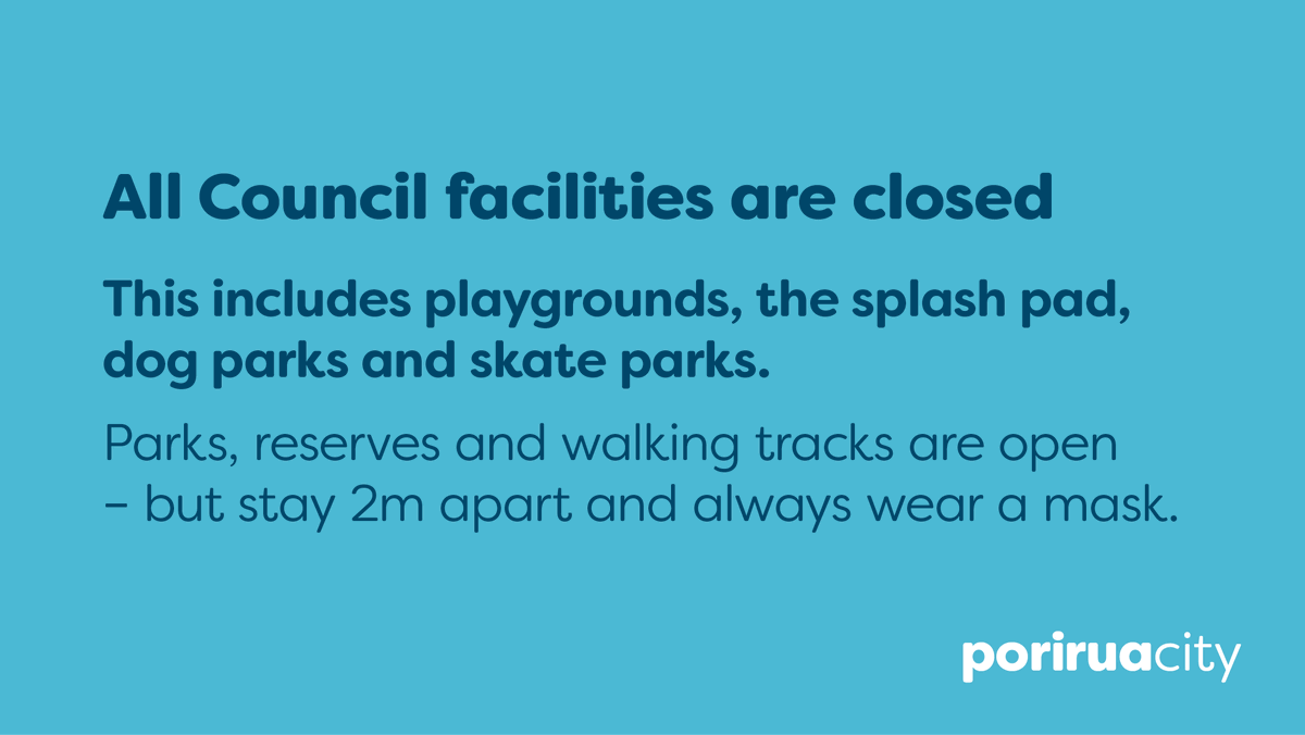 Hi Porirua, a friendly reminder from our team that all playgrounds are closed.  Please check our dedicated Covid-19 Webpage on our website for updates 
👉 buff.ly/3bglX6Y