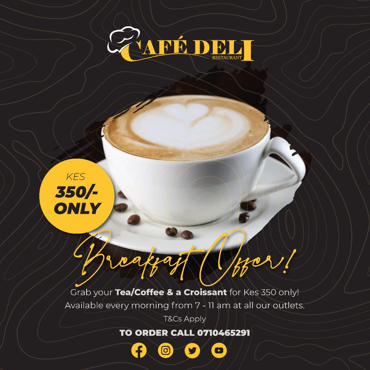 CafeDeliNairobi's tweet photo. BREAKFAST OFFER! ☕🥐
For the early birds, grab a coffee or tea and croissant combo at any of our outlets now till 11 Am.
*T&Cs Apply*
Call us >> 0710465291
See more >> https://t.co/MBf2nKsOdT
#CafeDeliNairobi #breakfastoffer #coffee #tea #croissant #kbea2021 #tuesdayvibe https://t.co/WJRiq9RorS