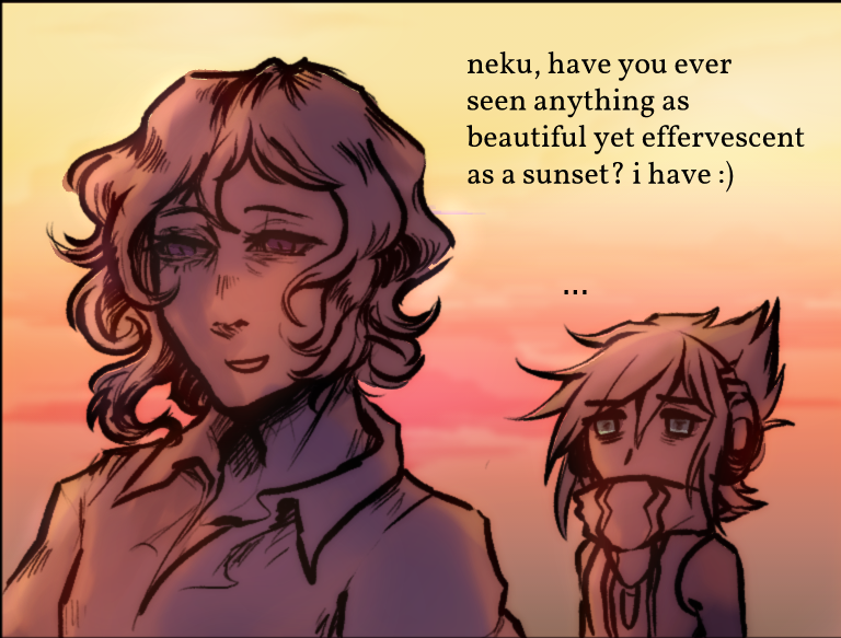 ecdymir's tweet photo. a chat at sunset....and a human life, neku! (a long awaited gift and continuation of the @hyenapple twewy tweet series) https://t.co/ZPkB3r0bGZ