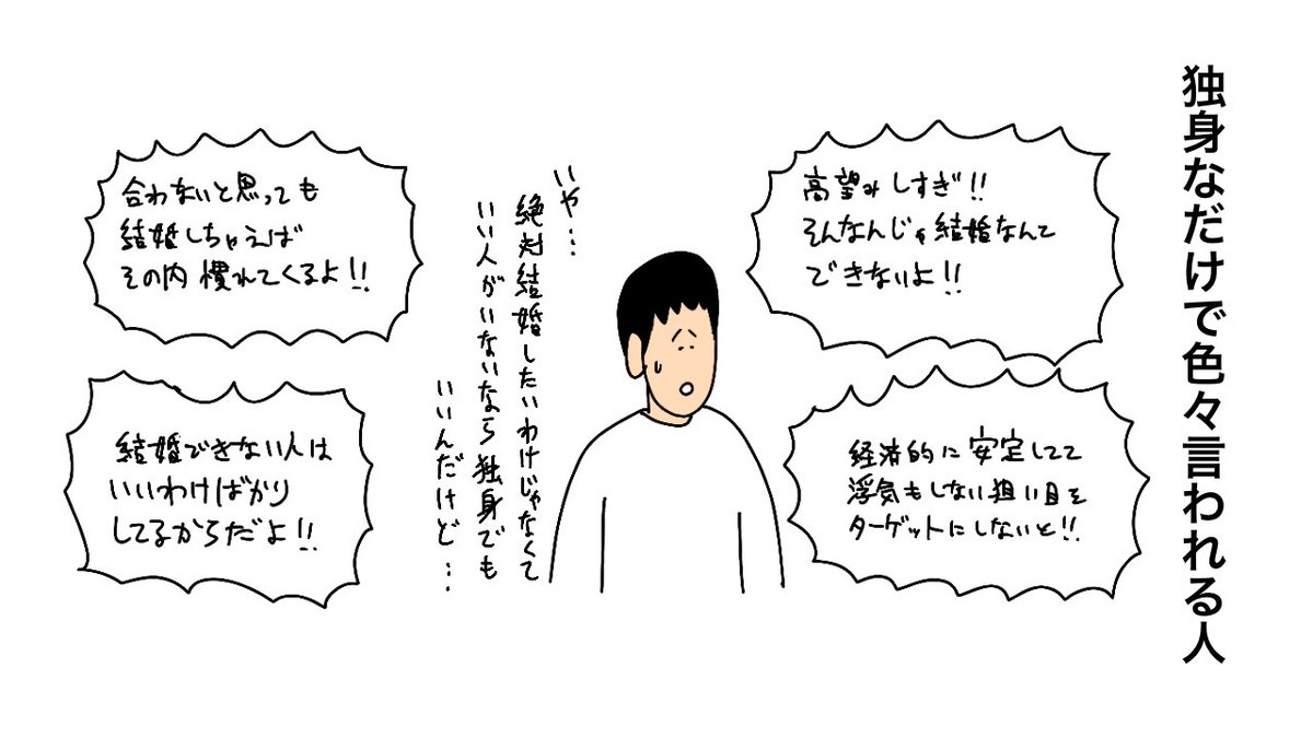 Twitter婚活 が話題だけど
独身なだけで色々言われる人(再掲) 