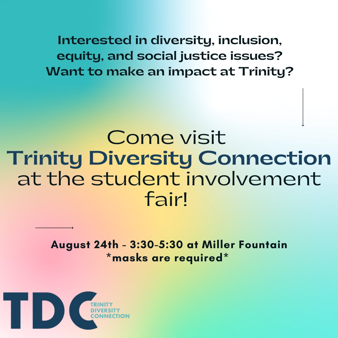 trinityutdc's tweet image. Are you interested in diversity, equity, social justice and so much more? If so, come chat with us 8/24 from 3:30-5:30 pm at the Student Involvement Fair. We can't wait to meet y'all!