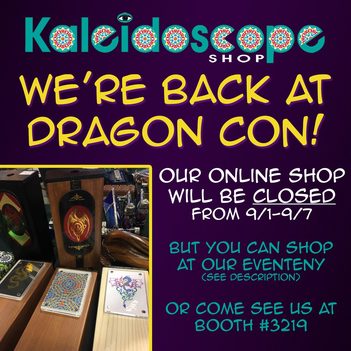 We're back at the <a href="/DragonCon/">💐🌼Dragon Con 🌹🌺</a> dealer's hall! Our regular shop is closed from Sept. 1-7, but shop at our Eventeny: eventeny.com/company/?c=9174, or come visit us in the Dealer's Hall! #kscopeshopatl #dragoncon #shoplocalatl #shopsmall