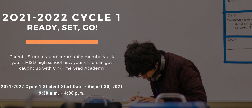 It's the start of the 2021-2022 school year and student referrals for our first cycle are quickly nearing capacity. 
🙂
Parents, Students, and community members, ask your #HISD high school how your child can get caught up with On-Time Grad Academy.