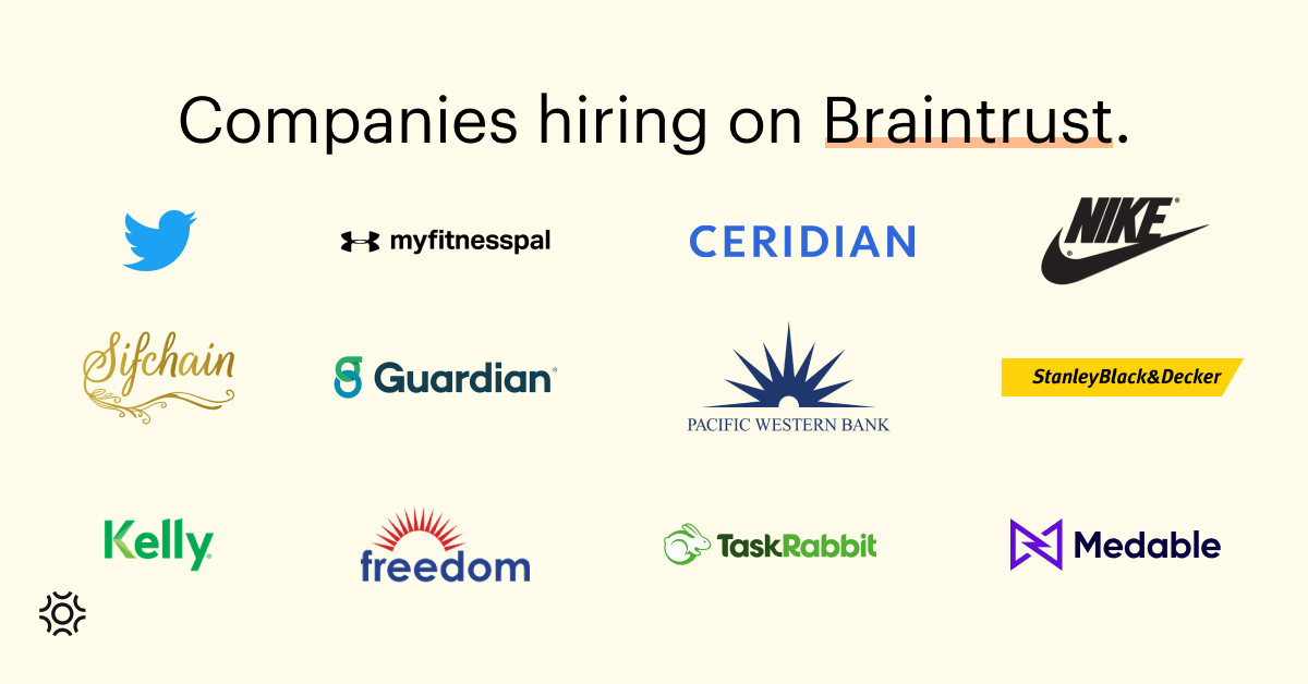 usebraintrust's tweet photo. Who's hiring on Braintrust? Here's just a few, and learn more in the latest growth report: https://t.co/LcIUkhedHH

@Twitter @MyFitnessPal @Ceridian @Nike @sifchain @guardianlife @BankPacWest @StanleyBlkDeckr @kellyocg @freedomfamily @TaskRabbit @medableinc https://t.co/KhC3D9GYV5