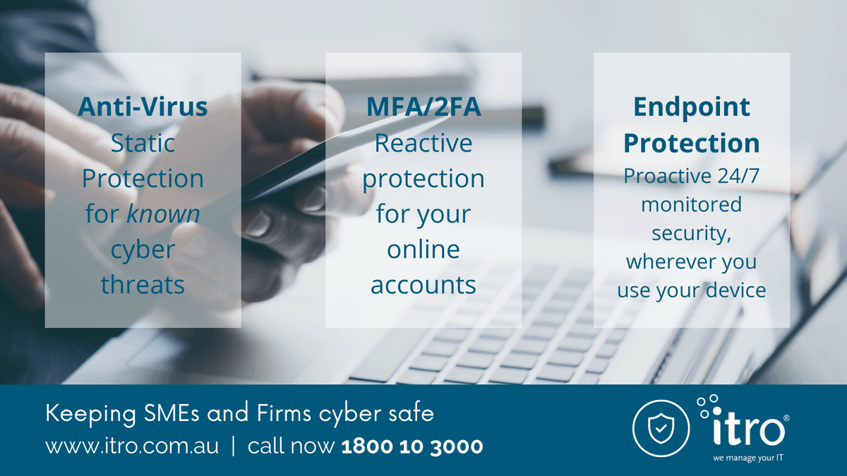 You can keep your devices #cybersafe #WFH in #lockdown. Our #EndpointProtection proactively protects your devices #workingremotely with 24/7 monitored security. Let itro manage your risk.
itro.com.au/itro-endpoint-…

#ITSupportforLawyers #ITServicesMelbourne #SmallBusinessITSupport