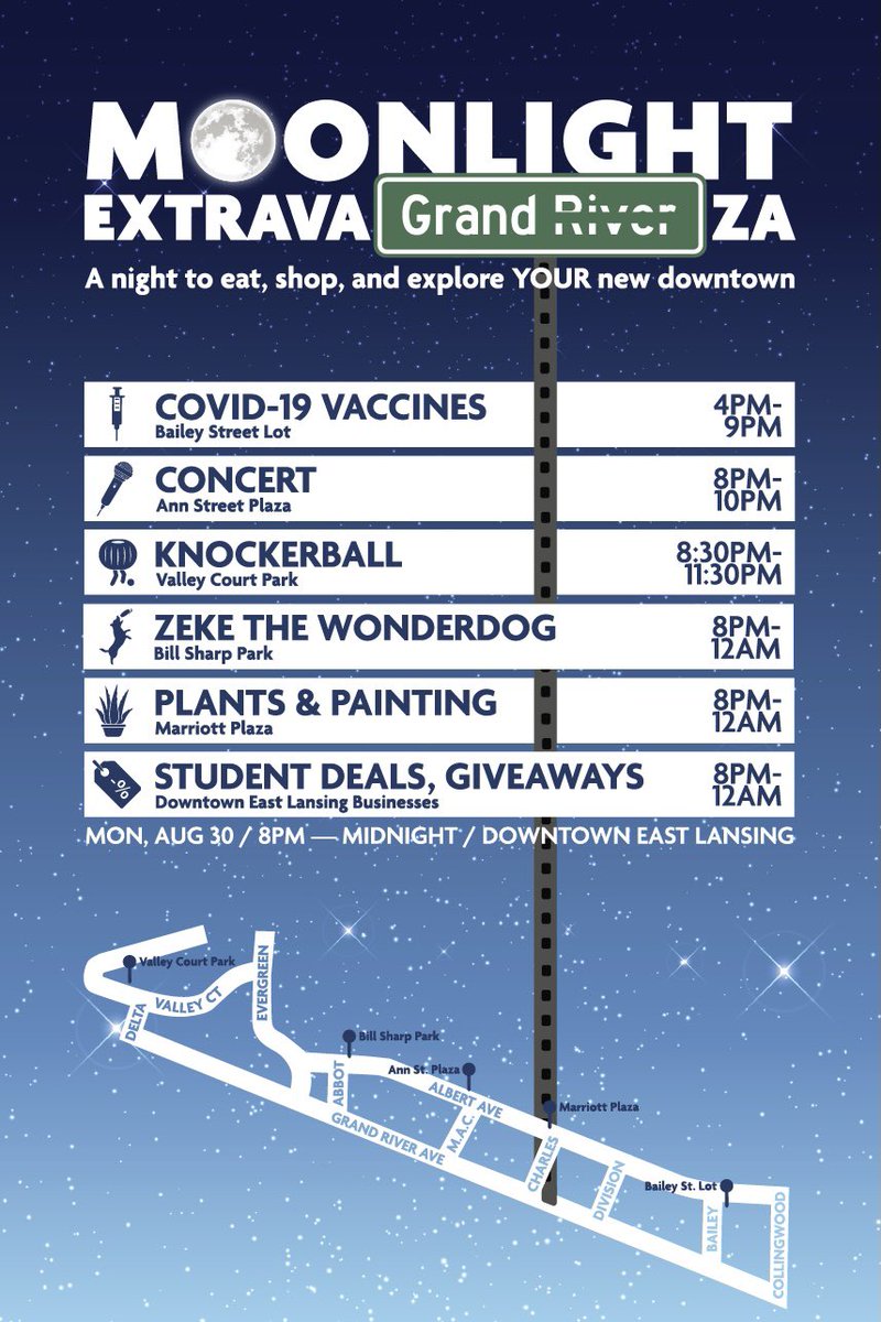 As a kickoff to Welcome Week 2021, Downtown East Lansing is joining with partners at <a href="/michiganstateu/">MSU</a> — including <a href="/ASMSU/">ASMSU</a> and <a href="/MSURHA/">MSU Residence Hall Association</a> — in hosting #MoonlightExtravaGRANDza one week from today: Monday, August 30 from 8pm-midnight 🌖🎶🌃🎉

More info: fb.me/e/18tkHSrYm