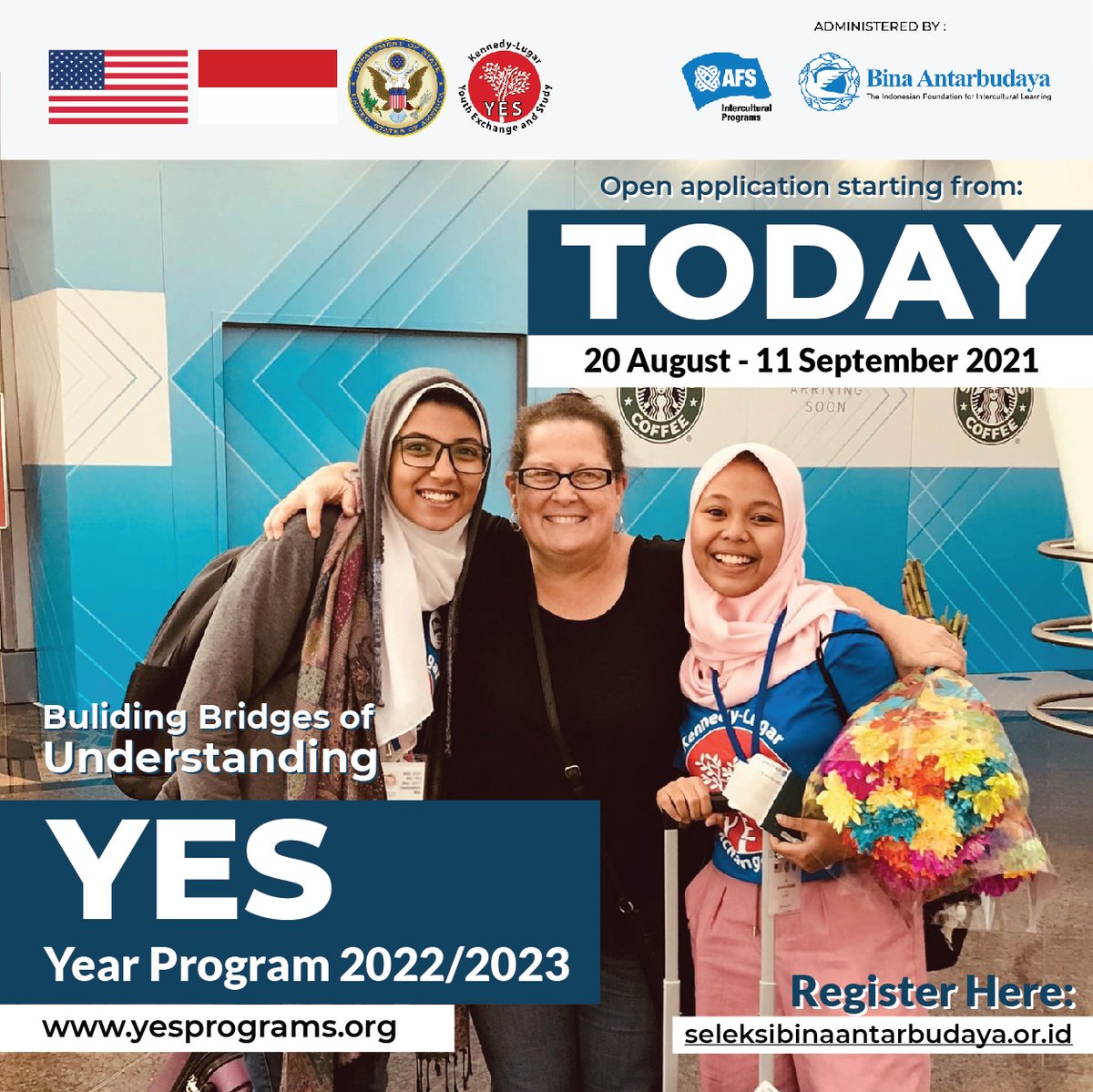 binabud's tweet photo. Program pertukaran pelajar AFS, YES, dan Asia Kakehashi Project telah dibuka sejak 20 Agsts 2021! Jika kamu berada di kelas X dan XI program ini cocok bagi kamu yang ingin bertukar budaya di negeri orang. Yuk simak syaratnya di https://t.co/pVOxKUGzRy

Dan jadilah the next AFSer! https://t.co/TOkKkCU1yr