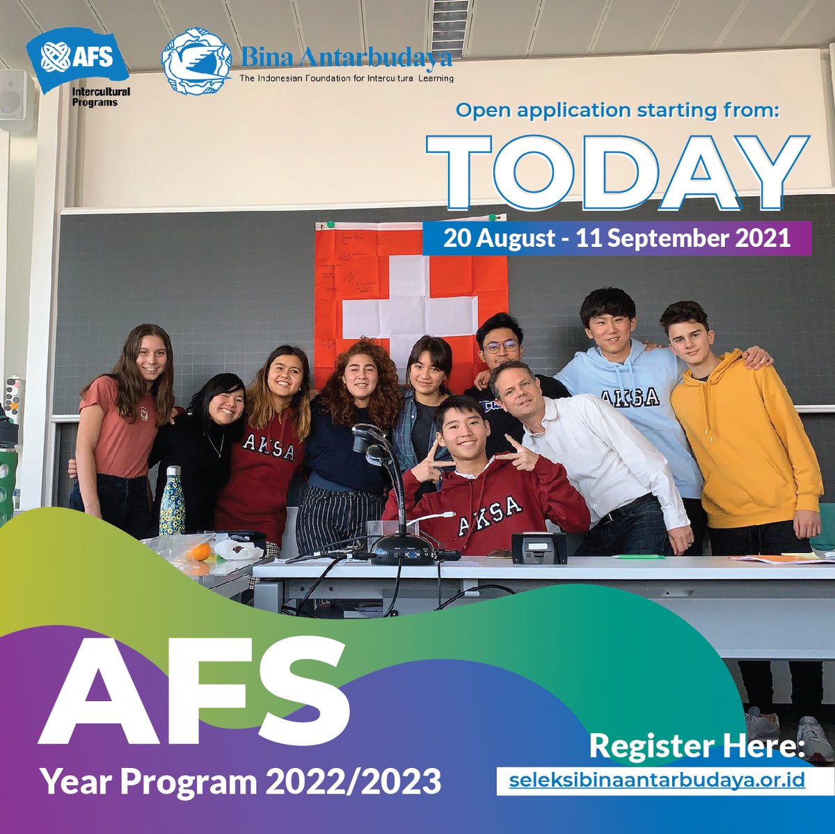 binabud's tweet photo. Program pertukaran pelajar AFS, YES, dan Asia Kakehashi Project telah dibuka sejak 20 Agsts 2021! Jika kamu berada di kelas X dan XI program ini cocok bagi kamu yang ingin bertukar budaya di negeri orang. Yuk simak syaratnya di https://t.co/pVOxKUGzRy

Dan jadilah the next AFSer! https://t.co/TOkKkCU1yr
