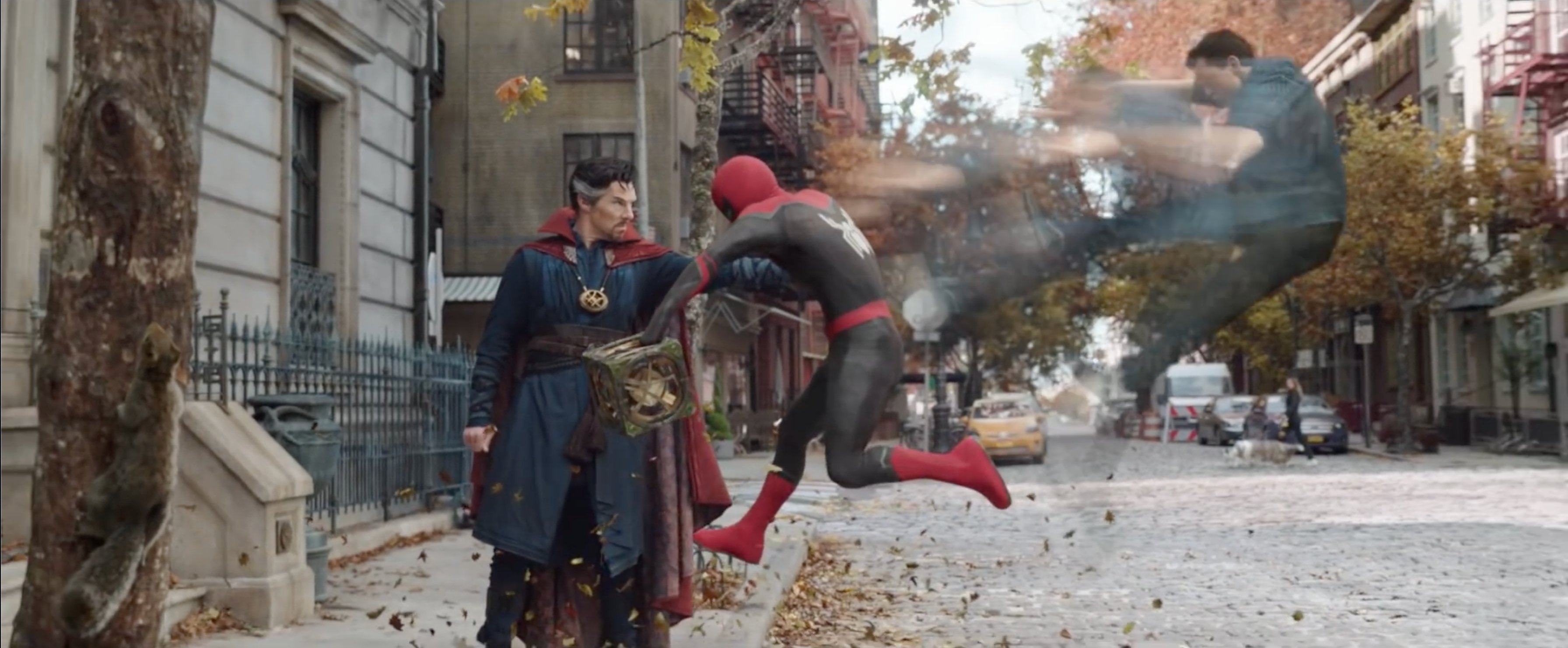 Doctor Strange (Benedict Cumberbatch) left and Spider-Man (Tom Holland) right in "Spider-Man: No Way Home" (2021)