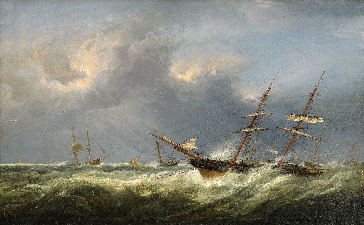 1826年8月24日 フリッツ・メルビューがデンマークのエルシノアに生誕。
《嵐の海の船》パネルに油彩