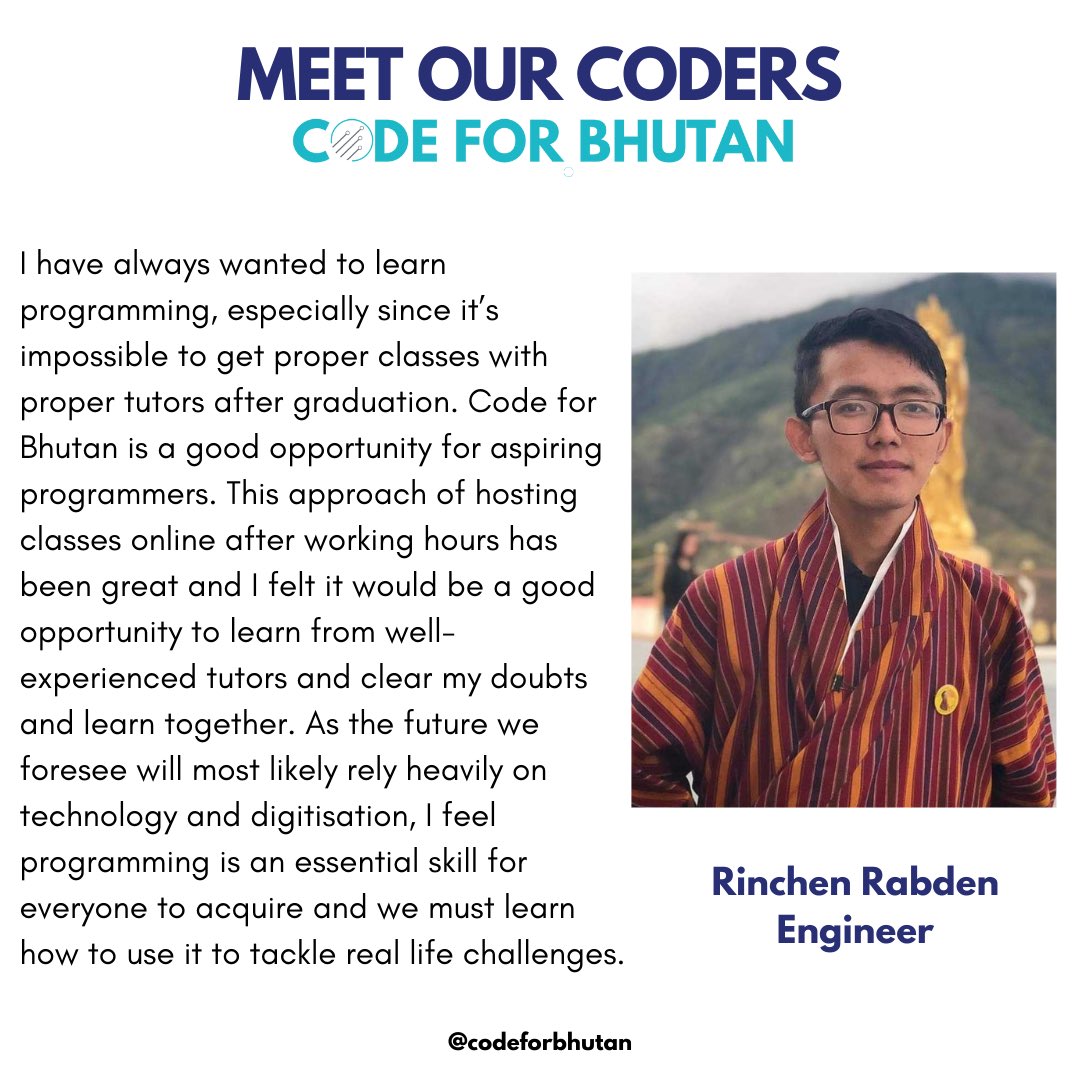 codeforbhutan's tweet image. Druk Green Power Corporation engineer, Rinchen Rabden is our coder in the spotlight today! #meetourcoders #codeforbhutan #readyforthefuture