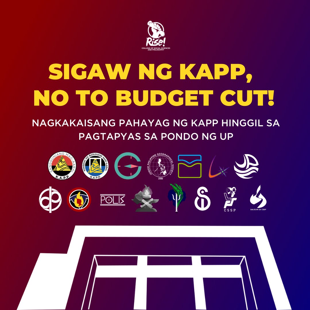 SIGAW NG KAPP, NO TO UP BUDGET CUT!
[NAGKAKAISANG PAHAYAG NG KAPP HINGGIL SA PAGTAPYAS SA PONDO NG UP]

Basahin ang buong pahayag: facebook.com/riseforeducati…

#NotoBudgetCut
#DefendUP
#SolusyongMedikalHindiMilitar
#LigtasNaBalikEskwela
#StudentAidNow