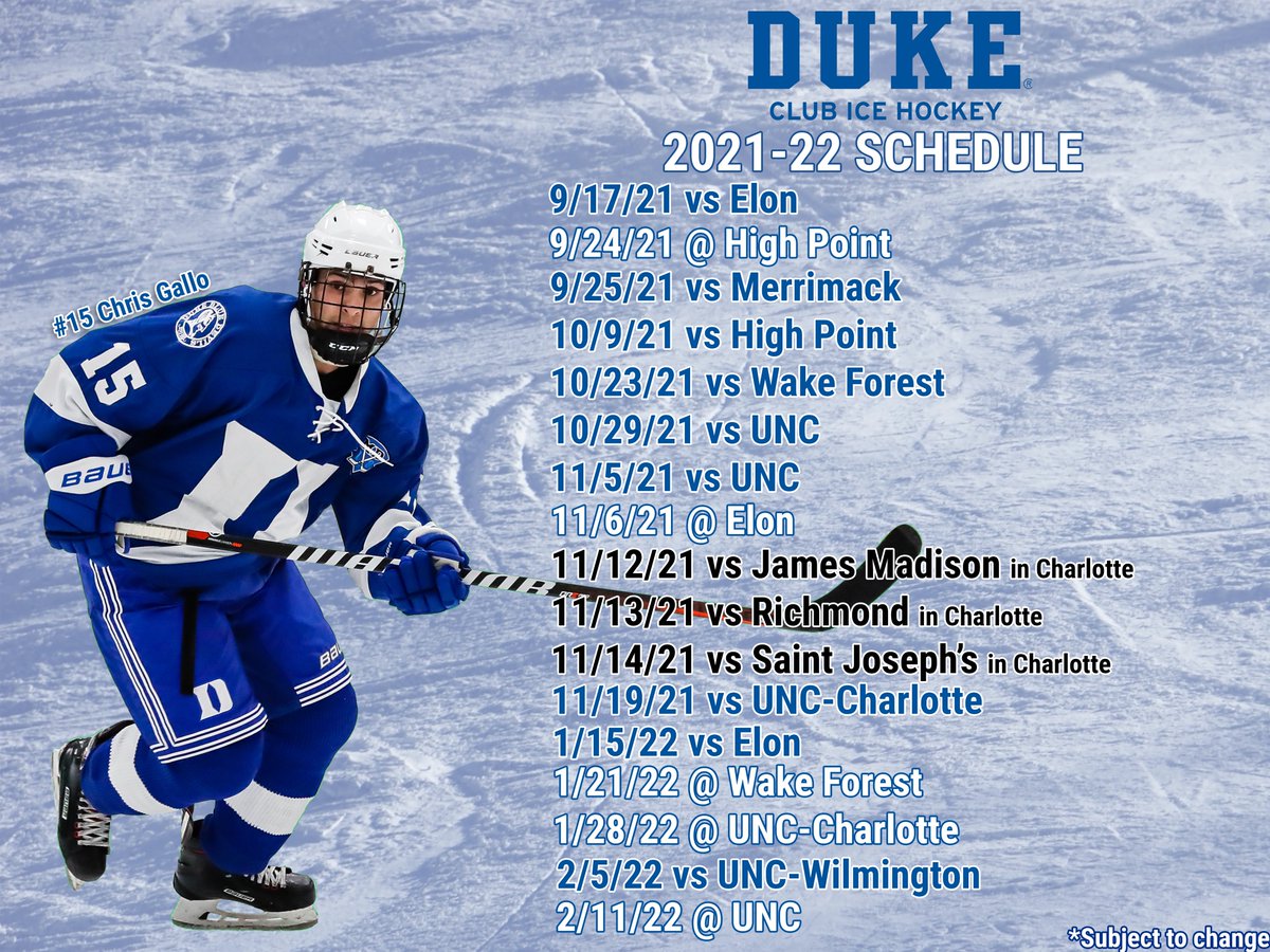 DukeClubHockey's tweet image. FDOC news drop: Duke Club Hockey is back for the 2021-22 season! Come out and support us on the dates below: