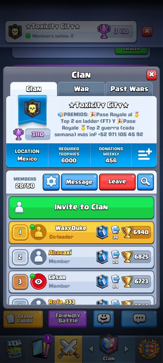 🔊Espacios disponibles en el clan🔊 Se requiere gente muy activa en guerras‼️ 🎮 Participación en ataques de guerra y contribuyendo en el clan. 💰PREMIOS💰: Pass RYl🎉 TOP 2🏅Guerra(cada semana)/Pass RYl 🎉 para el TOP 2 ladder🏅 (se pueden repetir premios) 📩 md a <a href="/luis_beny18/">Ḃ̷̡̡̨̤̪͍̭̤̓̅͗̚͜͠e̴̤̯̔͛̈́̈́̏͑̕͝n̷͔̟̩̝͎̼̂͜y̴̢͍͕͇͘͝͝</a>