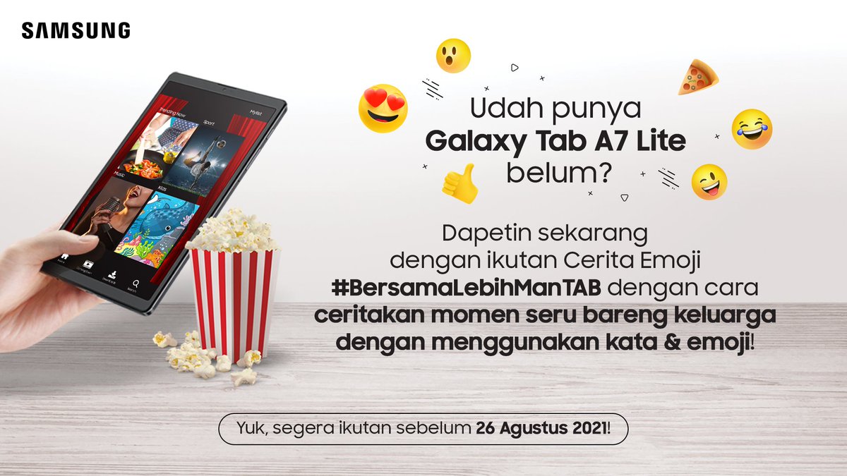 Mau punya #GalaxyTabA7Lite? Yuk, ikutan Cerita Emoji #BersamaLebihManTAB!

Caranya:
- Ceritakan momen seru bareng keluarga menggunakan kata &amp; emoji max 3
- RT &amp; Likes tweet ini
- Follow <a href="/samsungID/">Samsung Indonesia</a> 
- Mention 1 anggota keluarga/temanmu pakai hashtag #BersamaLebihManTAB ya!