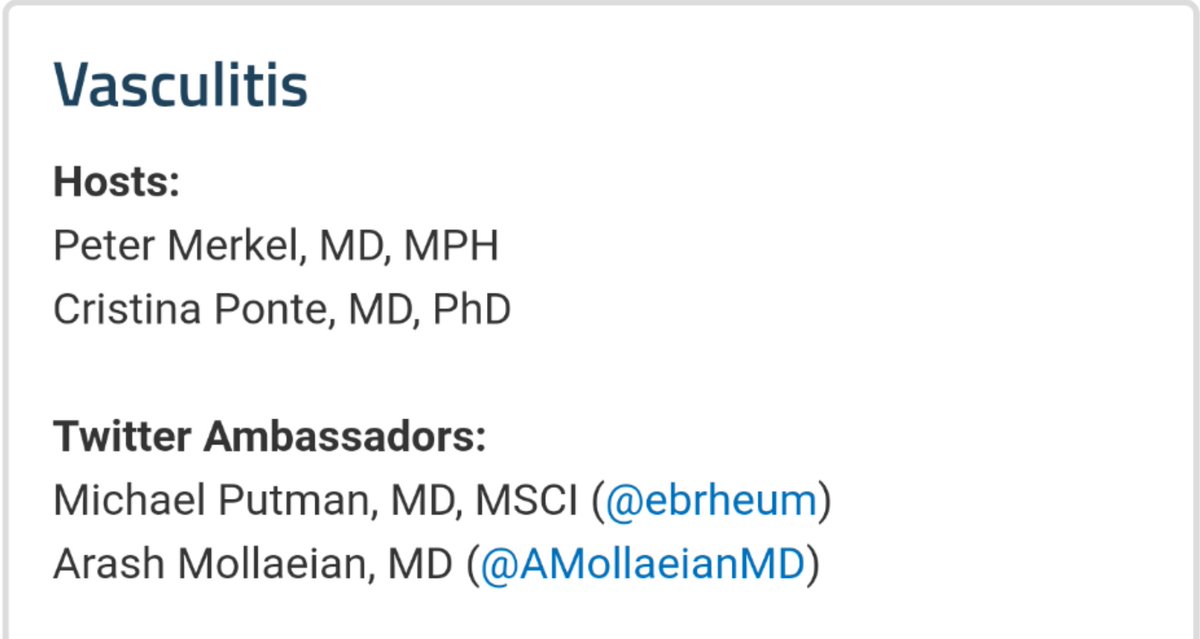 AMoll-MD-RhMSUS (@rheumamoll) on Twitter photo Looking forward to co-ambassadoring (yes, it's a word now) the <a href="/ACRheum/">American College of Rheumatology</a> #ACR21 #vasculitis community hub along with the one and only <a href="/EBRheum/">Mike Putman</a>
See the list of community hubs, host and #ACRabassador here
rheumatology.org/Annual-Meeting…
#RheumTwitter
#ACRconvergence Looking forward to co-ambassadoring (yes, it's a word now) the <a href="/ACRheum/">American College of Rheumatology</a> #ACR21 #vasculitis community hub along with the one and only <a href="/EBRheum/">Mike Putman</a>
See the list of community hubs, host and #ACRabassador here
rheumatology.org/Annual-Meeting…
#RheumTwitter
#ACRconvergence
