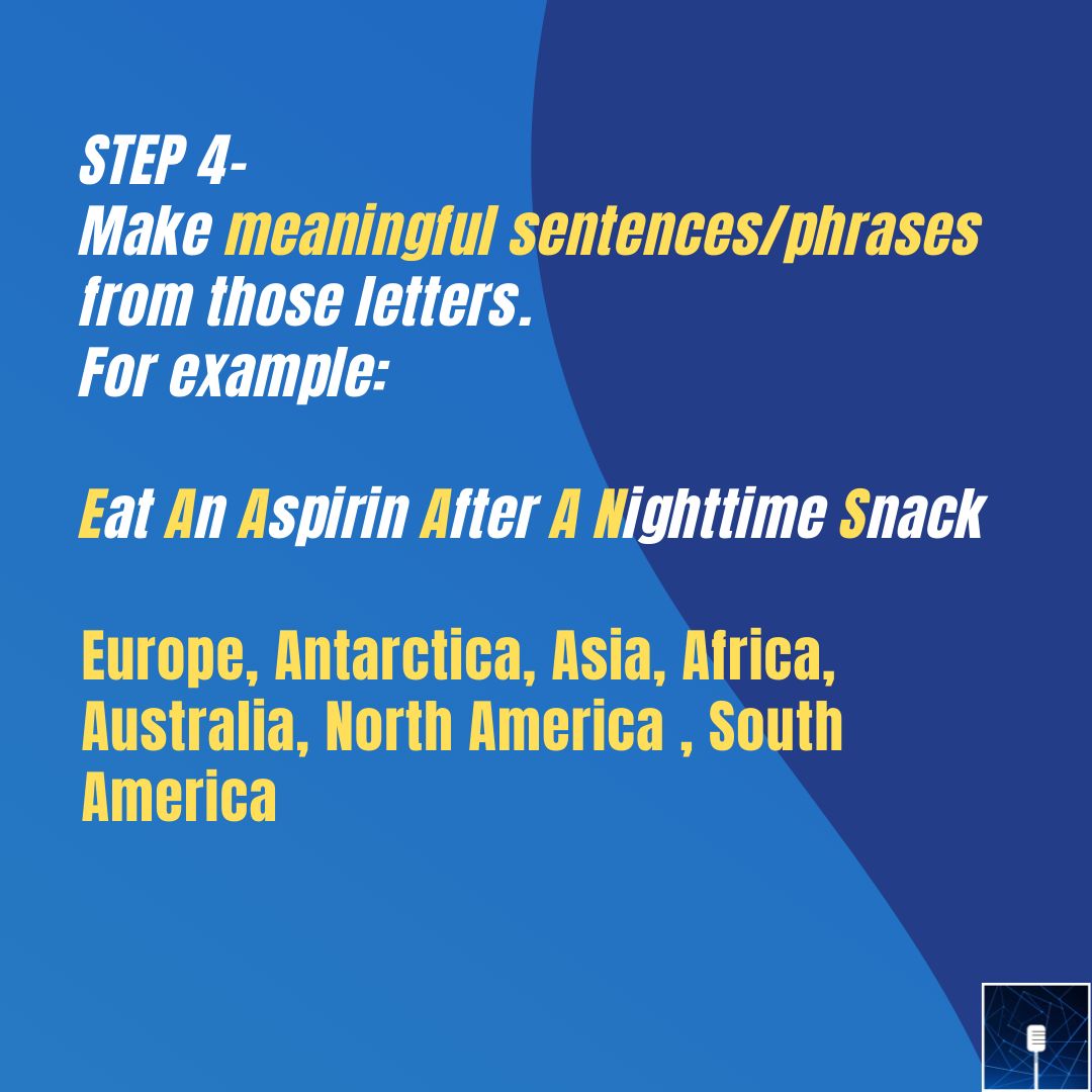 student_nexus's tweet photo. How to Memorize Faster #5
The Acrostics Memorization Technique -Swipe!
Try it out and let us know if it worked!!
#TSSN #education #studentsplatform #tuesdaythoughts #newseries #howtomemorizefaster #acrosticsmethod #studentsuccess https://t.co/itQR1RddO0