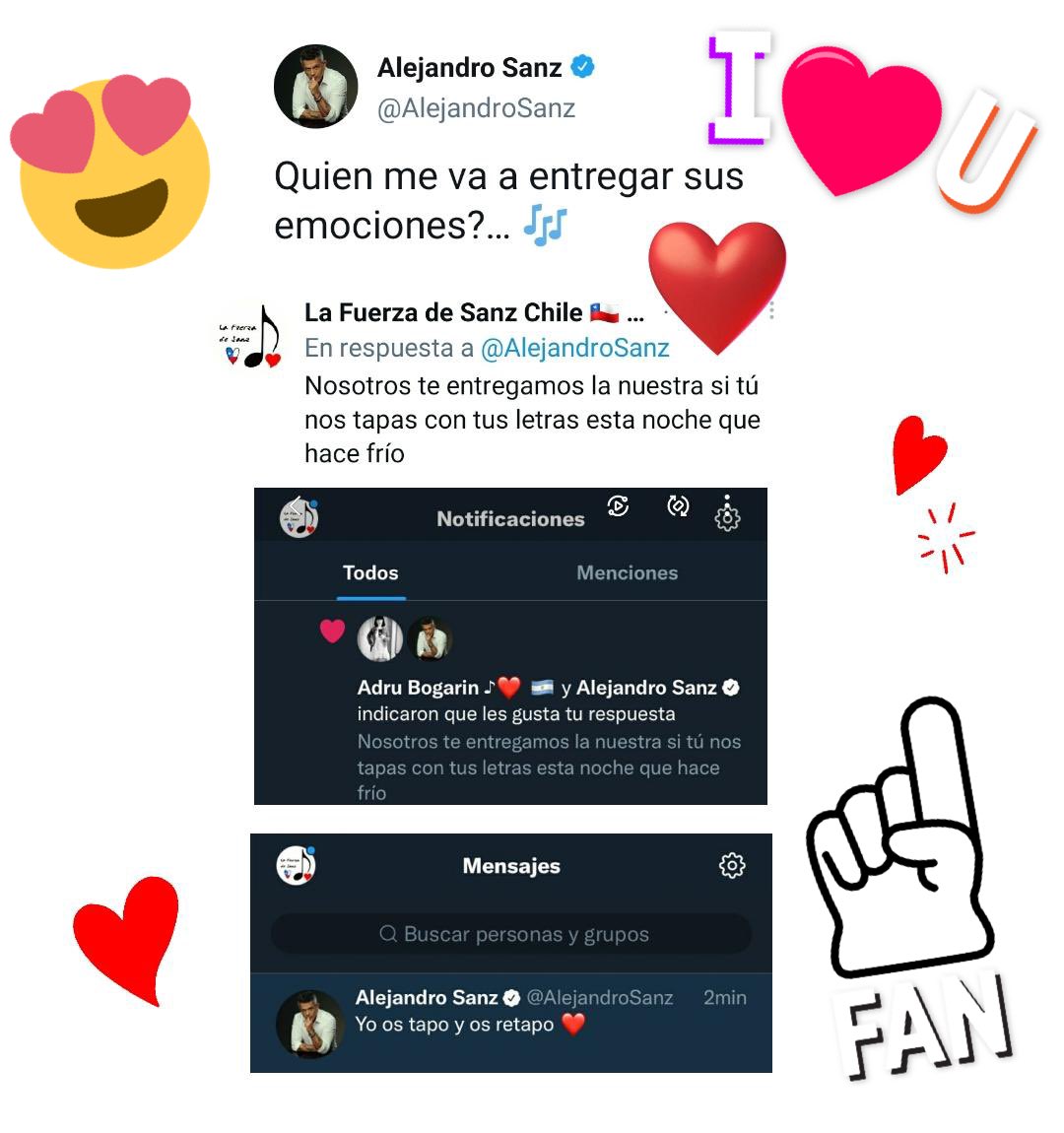Esos ratitos que nos das, cada vez nos emocionan más…hoy nos sorprendiste con tu mensajito privado que nos tiene aún revoluciod@s y llenit@s de amor. 

Gracias <a href="/AlejandroSanz/">Alejandro Sanz</a> por hacer de este lunes el mejor de todos.

#LaFuerzaDeSanzChile 🇨🇱