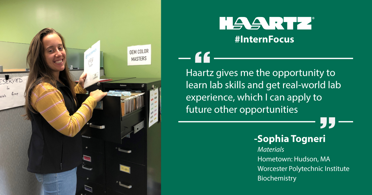 Haartz's tweet photo. Working as a materials intern, Sophia has been able to learn new skills while gaining real-world lab experience. #InternFocus #HaartzHighlight https://t.co/Y9PX7Bzyd8