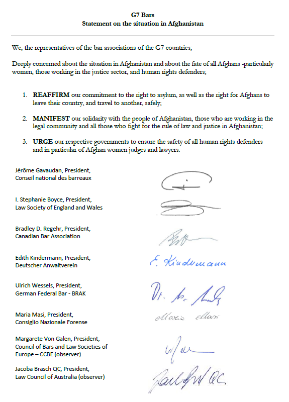 TheLawSociety's tweet photo. G7 Bar leaders @LawSocPresident, @CNBarreaux, @CBA_News, @DAVbxl, German Federal Bar, @CNF_it, @ccbeinfo, @thelawcouncil urge governments to protect those at risk including #HumanRights defenders, in particular female judges and lawyers in Afghanistan ahead of today’s G7 meeting https://t.co/VuPAtpp13w