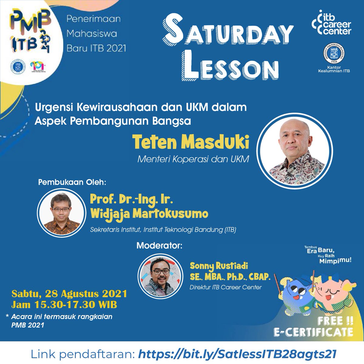 ITBCareerCenter's tweet image. Saturday Lesson kali ini akan membahas mengenai: Urgensi Kewirausahaan dan UKM dalam Aspek Pembangunan Bangsa bersama Bapak Drs. Teten Masduki selaku Menteri Koperasi dan Usaha Kecil dan Menengah.

Daftar dilink berikut: bit.ly/SatlessITB28ag…

#itbcc #pmbitb #saturdaylesson