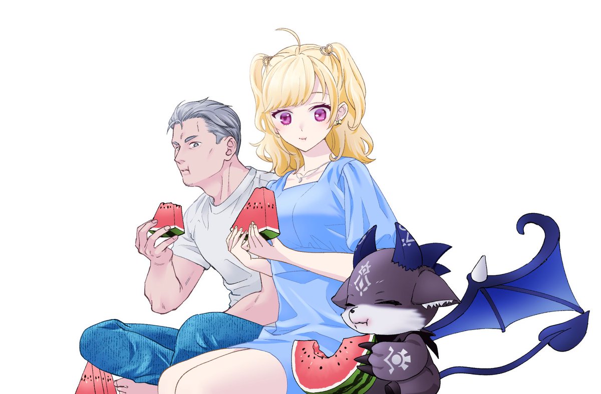 takamiya rion 1girl food fruit blonde hair watermelon 1boy shirt  illustration images