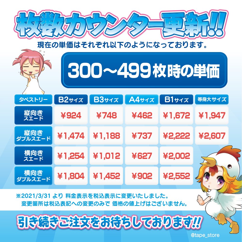 タペすとあ 枚数カウンター更新 現在タペストリーご注文枚数は427枚 各タペストリーの現在の単価は添付画像の通りです 次回締切は明日8 25 朝10時 まで 引き続き皆様のご注文をお待ちしております ง W ว T Co X9dlgrg68d