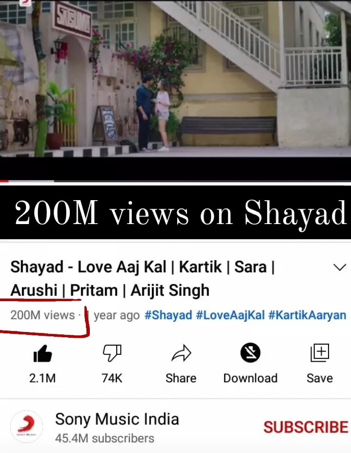 Boom!! Shayad completed 200M views ⚡🙌 This song deserves more❤️ 
#KartikAaryan #ArijitSingh #Pritam #SaraAliKhan #ArushiSharma #LoveAjKal #IrshadKamil #ImtiazAli #SonyMusicEntertainment