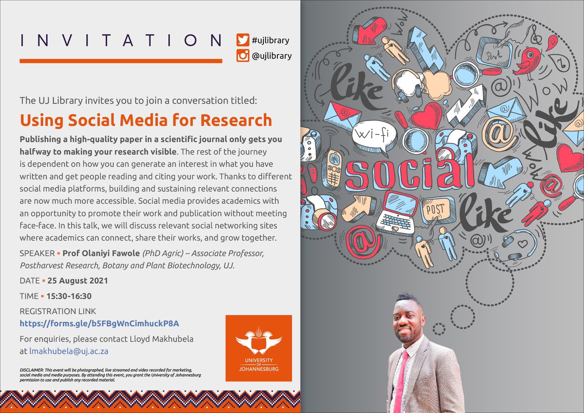 UJLibrary's tweet photo. Ever wondered how you can use social media to benefit as an academic?Join the #ujlibrary for an interesting conversation on ‘Using Social Media for Research’ to find out.
25 Aug, 15h30-16h30
Register : https://t.co/eP5RbOn29n
#socialmedia #uj #universityofjohannesburg #ujlibrary https://t.co/XrY4oXu0oe