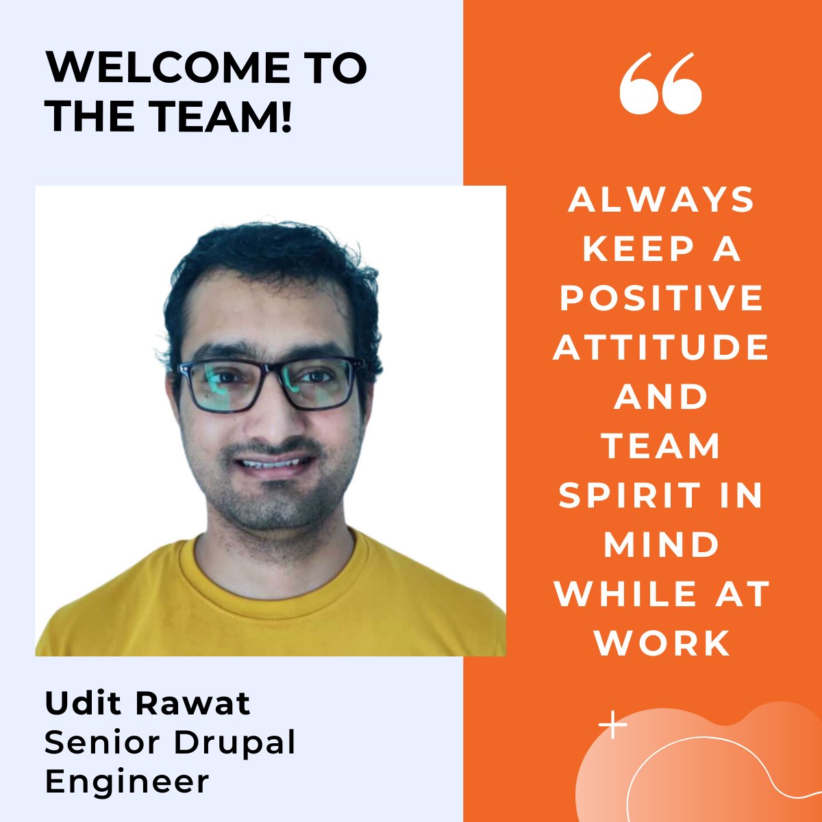 axelerant's tweet image. #WelcomeToTheTeam, Udit! 🎉

With loyalty and kindness as life&apos;s essential values, he believes in the power of a positive mindset. 😎

🧡 Loves to spend time with his family
🚗 Enjoys vacations with friends
✍️ Writes articles on books he reads

#DrupalEngineer #NewHire