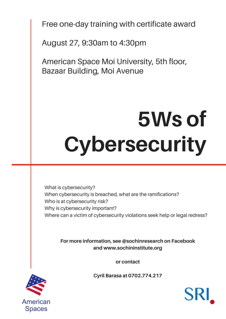 jumaf3's tweet photo. The @USEmbassyKenya in conjunction with @SochinInstitute have been running an amazing free training on Cybercrime &amp; Cybersecurity. It is almost coming to an end &amp; u should be left out. Be part of this last session. Take your free space https://t.co/2kmSPTyfcc #5WsOfCybersecurity https://t.co/LOLmZLVfzX