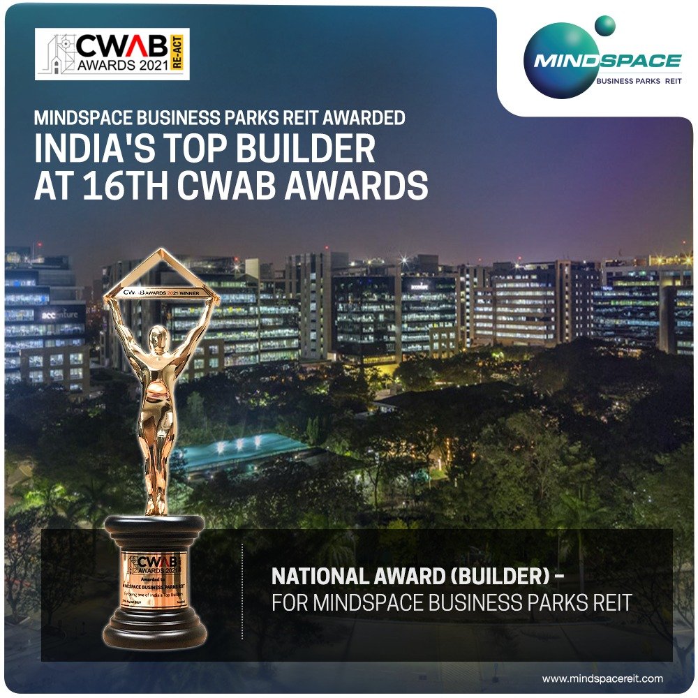 mindspace_parks's tweet photo. Embracing our voyage to success, Mindspace Business Parks #REIT has achieved another milestone. The Mindspace Business Parks REIT was awarded India’s Top Builder #Award at the 16th Construction World Architect and Builder Awards.

#MindspaceBusinessParks #CWABAwards #TopBuilder https://t.co/3jR1qtlxK4