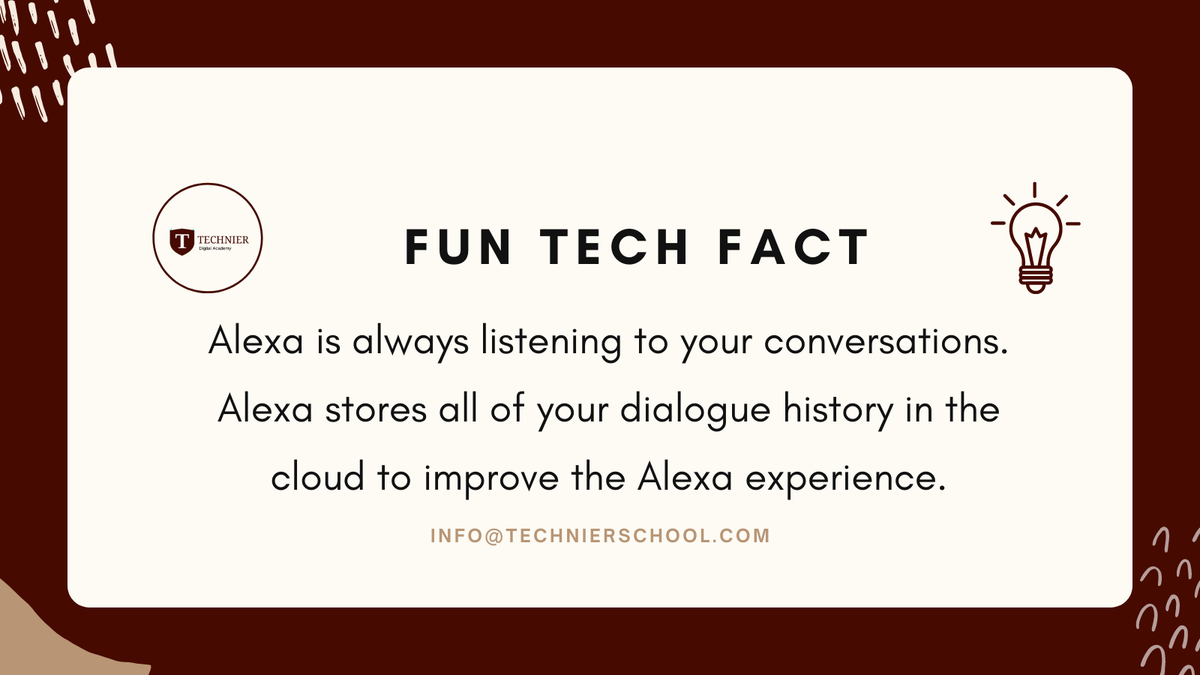 TechnierSchool's tweet photo. Careful what you say now! ๐ Alexa is always listening ๐
Proudly brought to you by @TechnierSchool
#technier #techtwitter #technierschool #FunFacts https://t.co/jV9RsSi47v