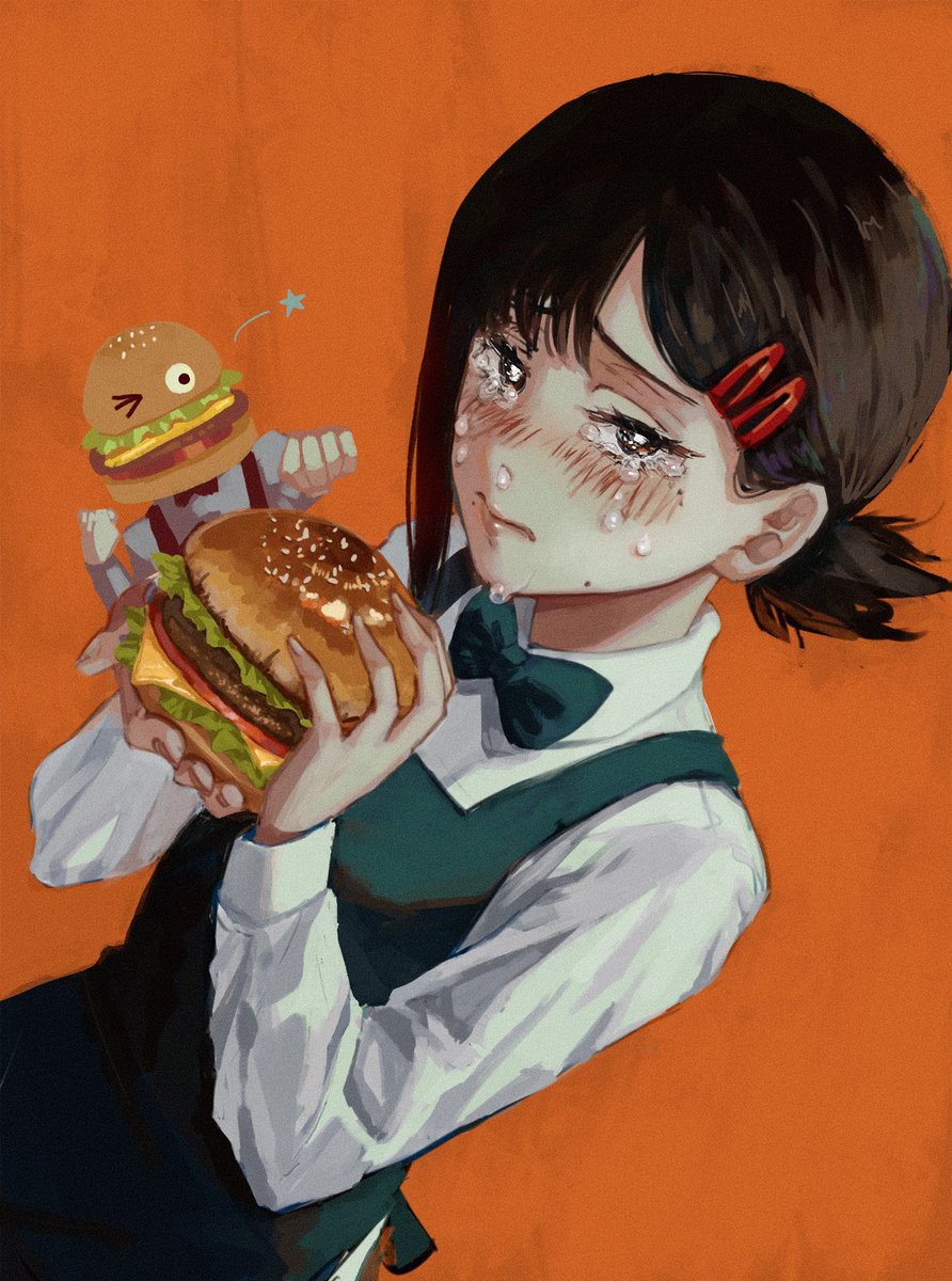 higashiyama kobeni burger 1girl crying food hair ornament mole bow  illustration images