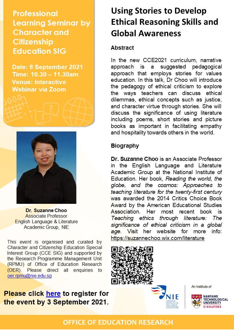 OfR_NIE's tweet image. As the world becomes more and more complex, it is important to equip students with #ethicalreasoning skills. Join #NIEOER’s Character &amp;amp; #CitizenshipEducation Special Interest Group to learn more and discuss on “Using Stories to Develop Ethical Reasoning Skill &amp;amp; #GlobalAwareness”.