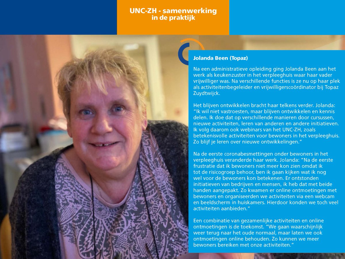 "Ik wil niet vastroesten, maar blijven ontwikkelen en kennis delen," aldus <a href="/JolandaBeen/">Jolanda Been</a>, activiteitenbegeleidster en vrijwilligerscoördinator bij <a href="/Topaz_zorg/">Topaz</a>. Zij leerde dat door online ontmoetingen nog meer bewoners betrokken raakten bij activiteiten.

#onderzoekindepraktijk