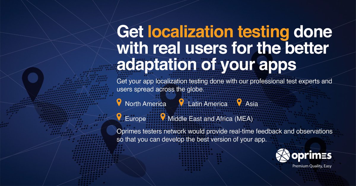 OprimesHQ's tweet image. Get your app #LocalizationTesting done with our test experts spread across the globe.

🔹 North America
🔹 Latin America
🔹 Asia
🔹 Europe
🔹 MEA

@OprimesHQ testers network would provide #RealTimeFeedback &amp;amp; observations so that you can develop the best version of your app.