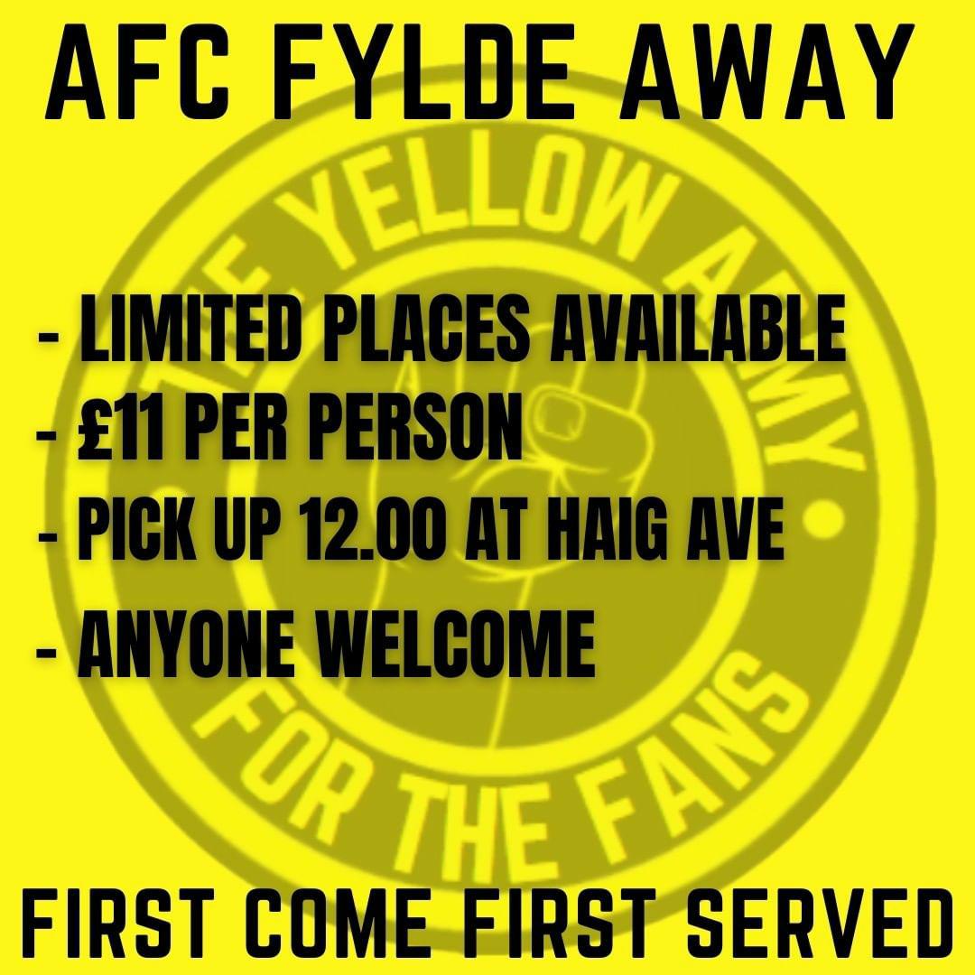 The Yellow Army are running a bus to AFC Fylde next Monday, with the last few seats remaining. Please contact Josh on: 07776 468577 or email: theyellowarmy1881@gmail.com ASAP to avoid disappointment #SFC