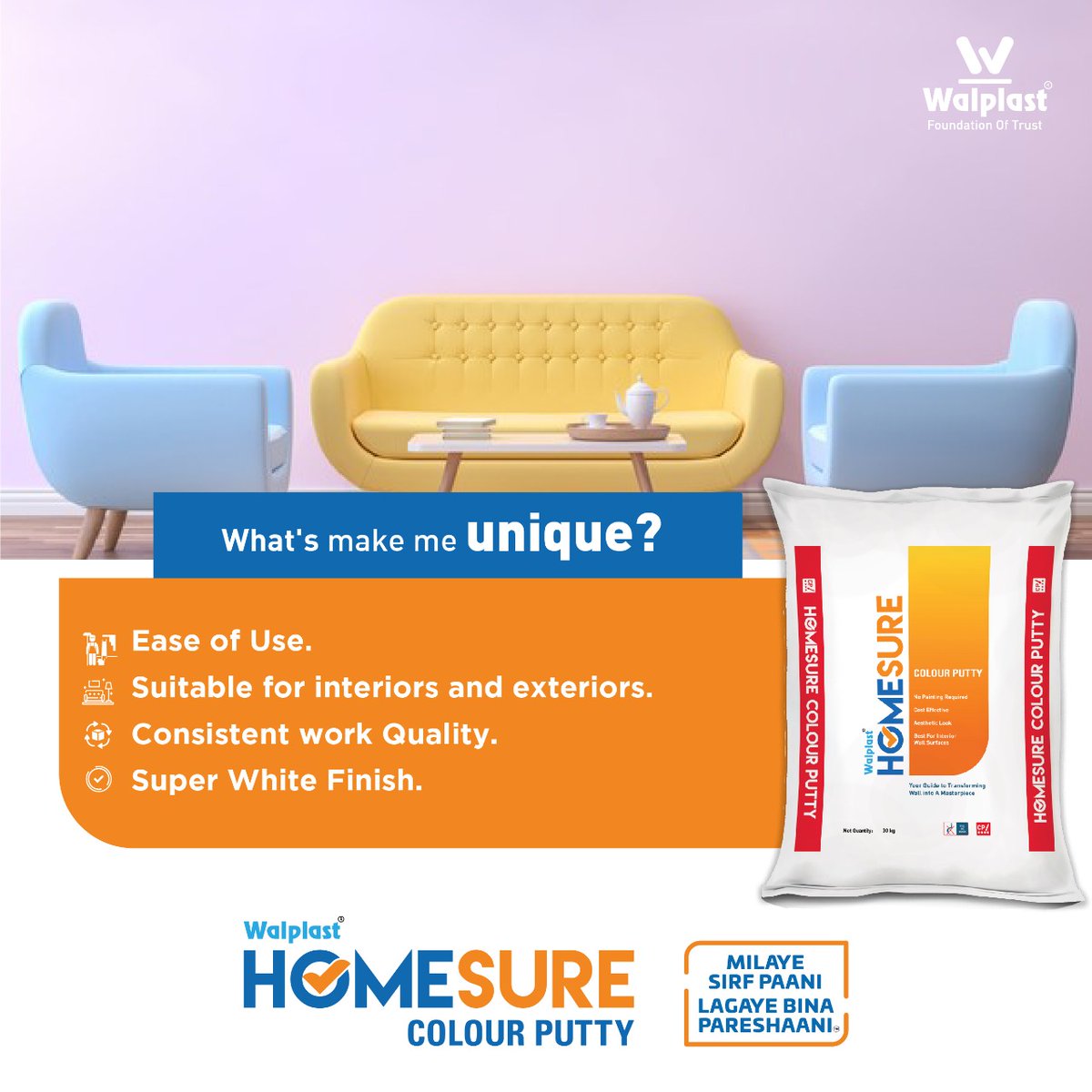 Walplast's tweet image. Here is HomeSure Colour Putty for all your interior solutions. Stay tuned this week to know more about the product&apos;s unique benefits.

#Walplast  #RepairSolutions #ColourPutty  #Homesure #Construction #BuildWell #finishtouch