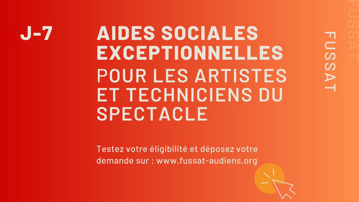 GroupeAudiens's tweet image. [#FUSSAT] 
🚨  Artistes et techniciens du spectacle 
J-7 pour déposer votre demande d’aide financière exceptionnelle.

 👉  fussat-audiens.org

#Covid19 #solidarité #artistes #techniciens #intermittents #spectacle 

@MinistereCC