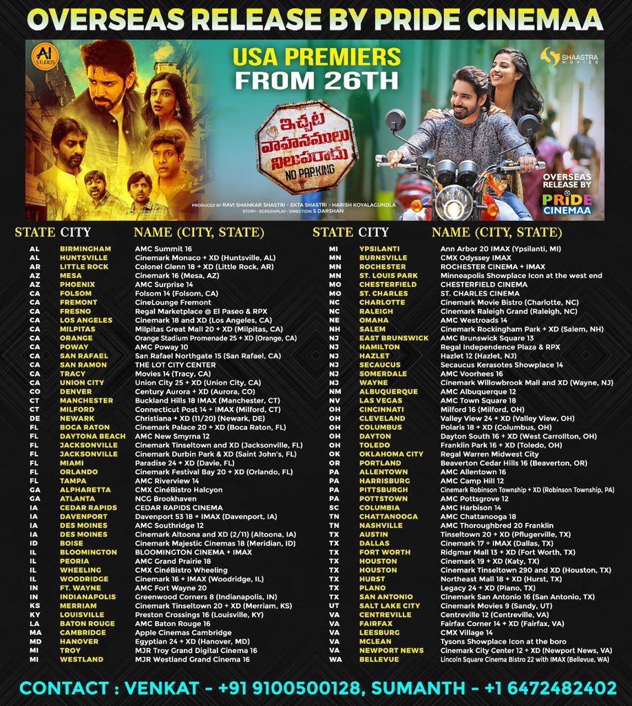 #IVNR USA Theatres List 💥

#IchataVahanamuluNilupaRadu USA Premiers from August 26th🇺🇸

Overseas release by <a href="/pridecinemaa/">pridecinemaa</a> 

<a href="/iamSushanthA/">Sushanth A</a> 
<a href="/AIStudiosOffl/">AI Studios</a> <a href="/ravishastrioffl/">Ravi Shastri</a> <a href="/ShaastraMovies/">Shaastra Movies</a> <a href="/_meenakshii/">Meenakshi Rajput</a> <a href="/darshn2012/">S Darshan |Film Director|</a> <a href="/Plakkaraju/">Pravin Lakkaraju</a> <a href="/adityamusic/">Aditya Music</a>