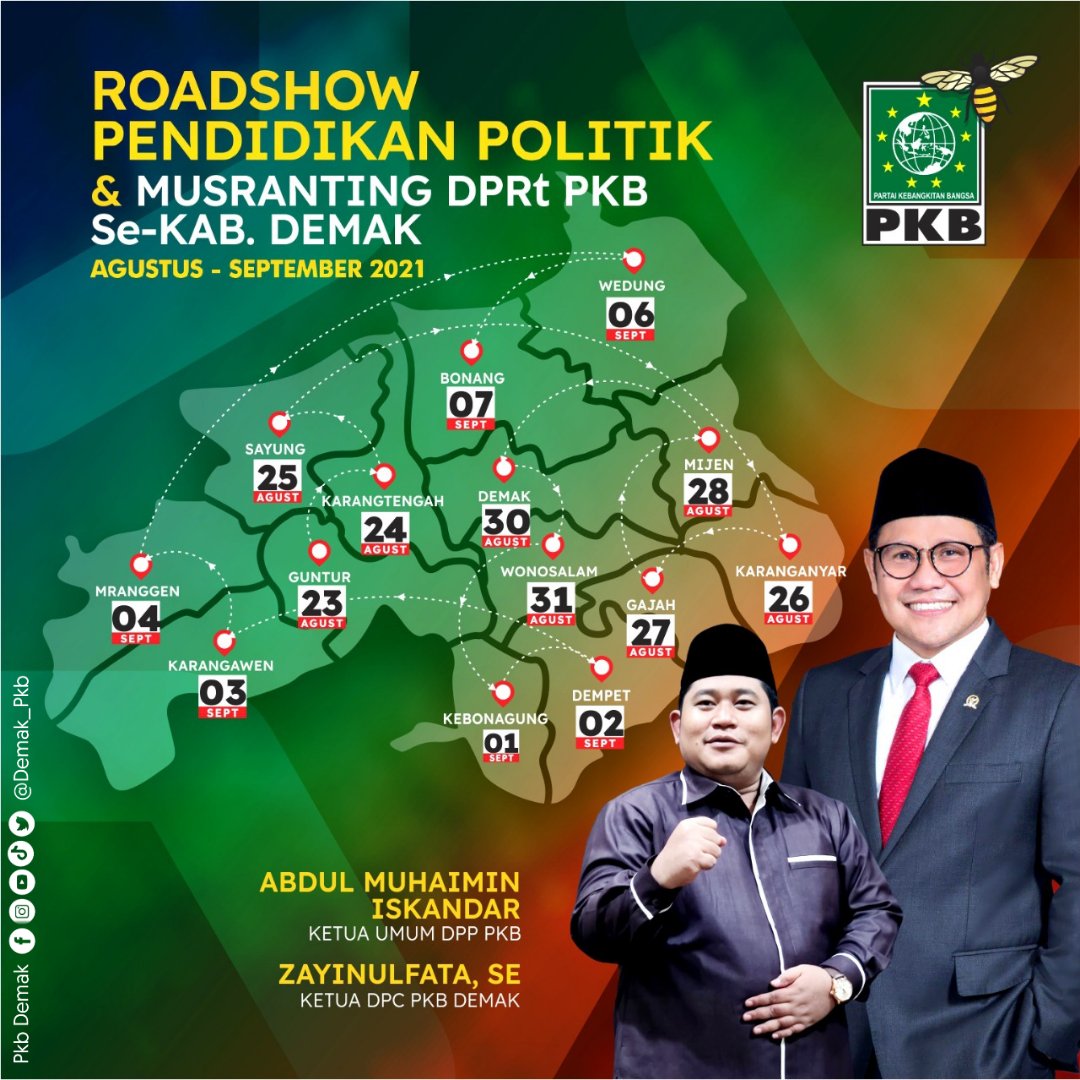 ROADSHOW DPC PKB DEMAK
Pendidikan Politik &amp; Musyawarah Ranting (MUSRAN) DPRt PKB Se-Kab. Demak.
.
<a href="/DPP_PKB/">DPP PKB</a> <a href="/cakimiNOW/">A Muhaimin Iskandar</a> <a href="/EmHasanuddin/">M Hasanuddin Wahid</a>
<a href="/pkbjawatengah/">DPW PKB Jateng</a> <a href="/yusuf_ch/">M Yusuf Chudlory</a> <a href="/Sukirman_Kir/">Sukirman</a>
.
#PKB_Demak
#GusMuhaimin 
#PendidikanPolitik