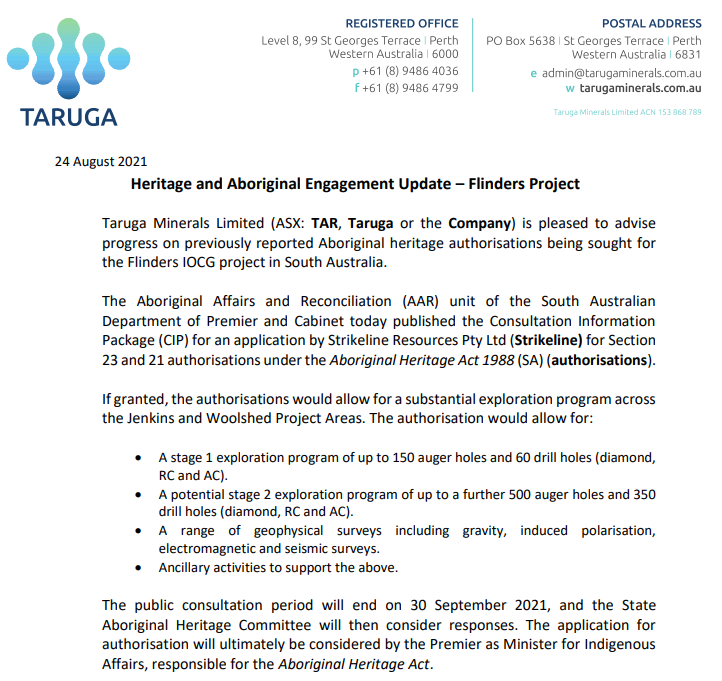 TarugaMinerals on Twitter: and Aboriginal Engagement Update – Flinders Project. $TAR $TAR.AX Read here: https://t.co/DDRZoVTxtq https://t.co/KS4MnQvGlo"